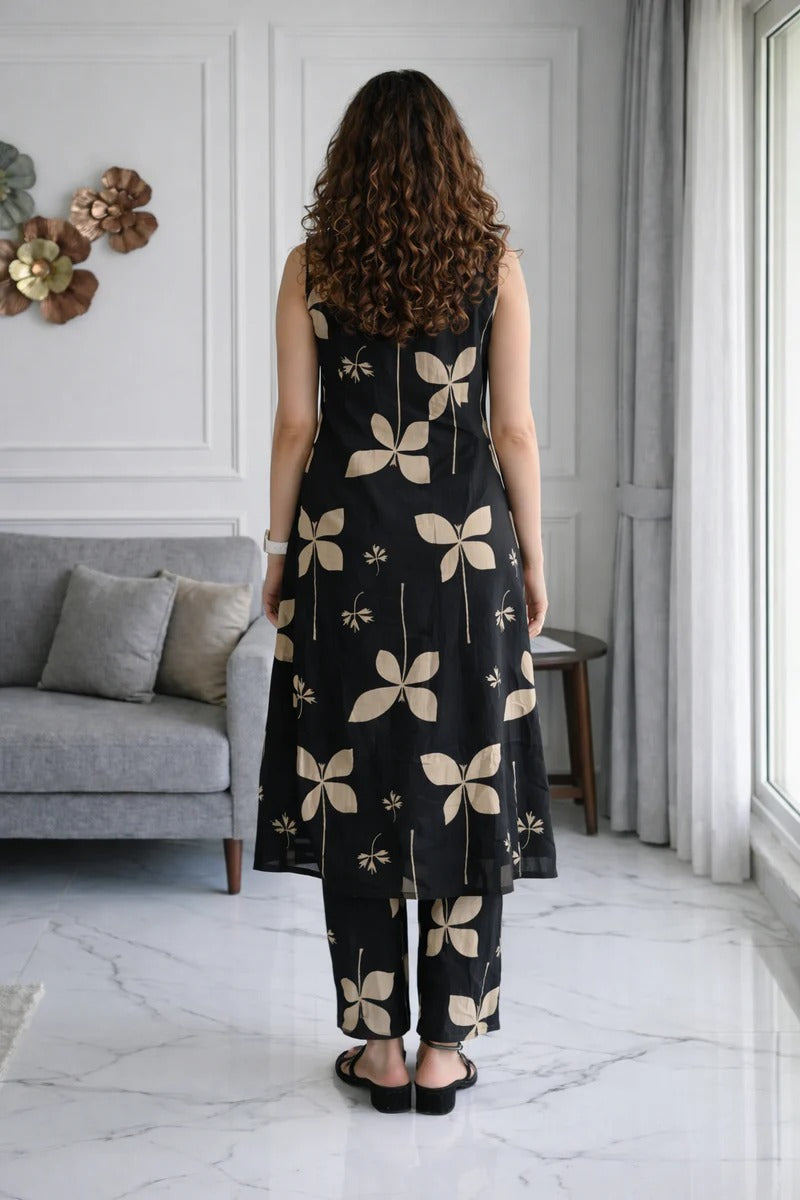Black and Beige Butterfly Print Cotton Co-ord Set
