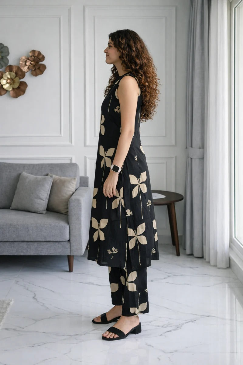 Black and Beige Butterfly Print Cotton Co-ord Set