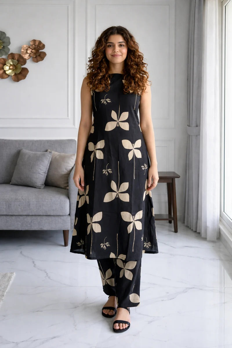 Black and Beige Butterfly Print Cotton Co-ord Set