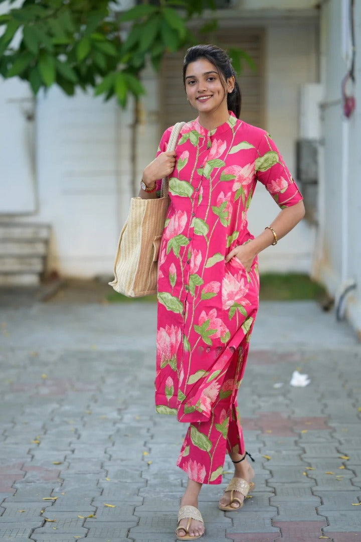 Pink Heavy Floral Printed Kurta Pant Set