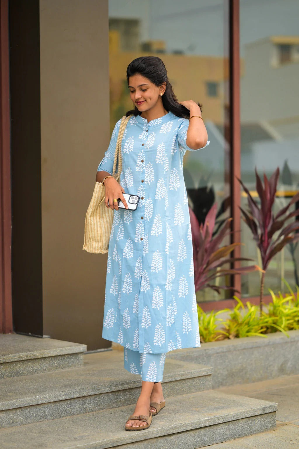 Sky Blue Rayon Printed Kurta Pant Set