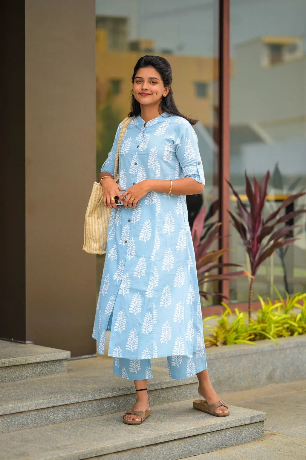 Sky Blue Rayon Printed Kurta Pant Set