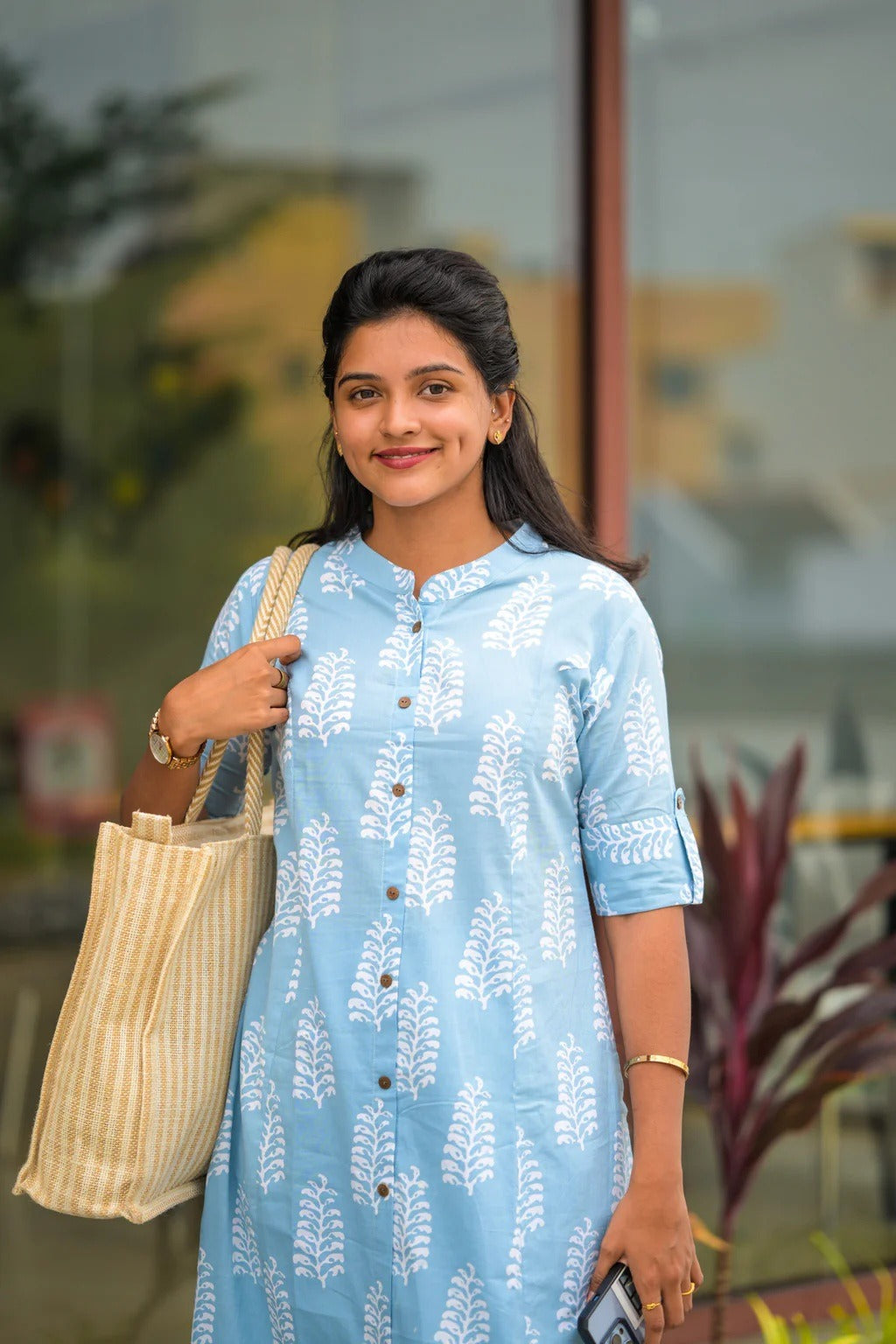 Sky Blue Rayon Printed Kurta Pant Set