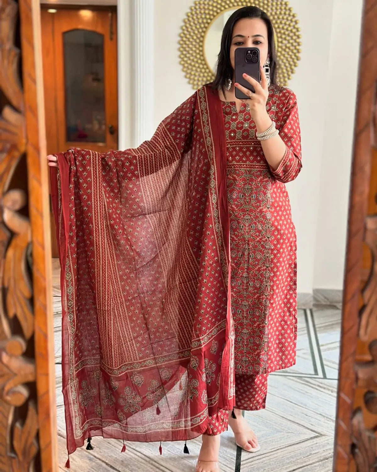 Women Red Buti Work Kurta and Pant With Dupatta