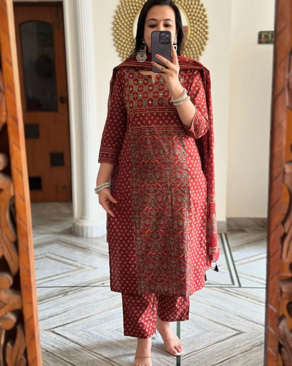 Women Red Buti Work Kurta and Pant With Dupatta