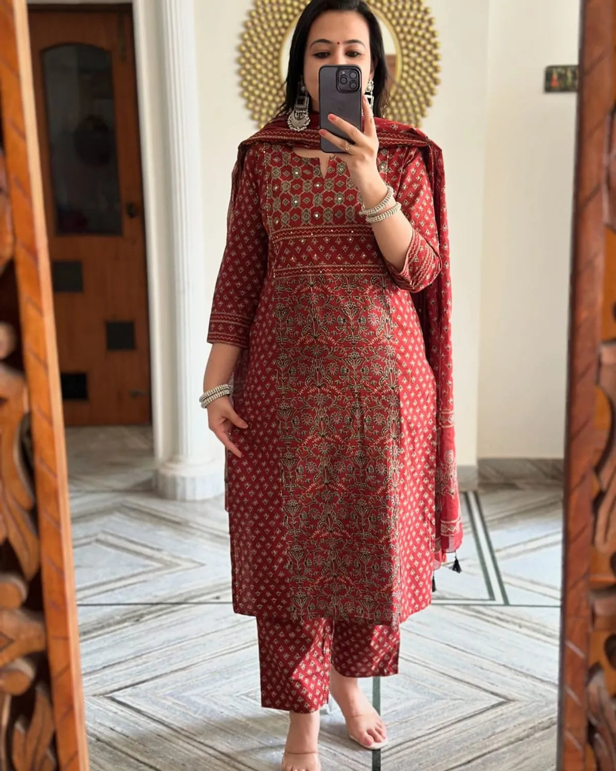 Women Red Buti Work Kurta and Pant With Dupatta