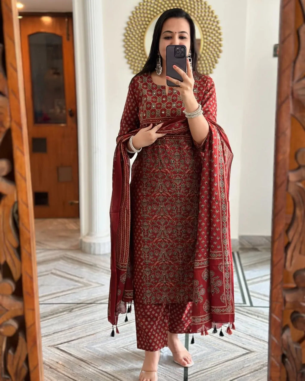 Women Red Buti Work Kurta and Pant With Dupatta