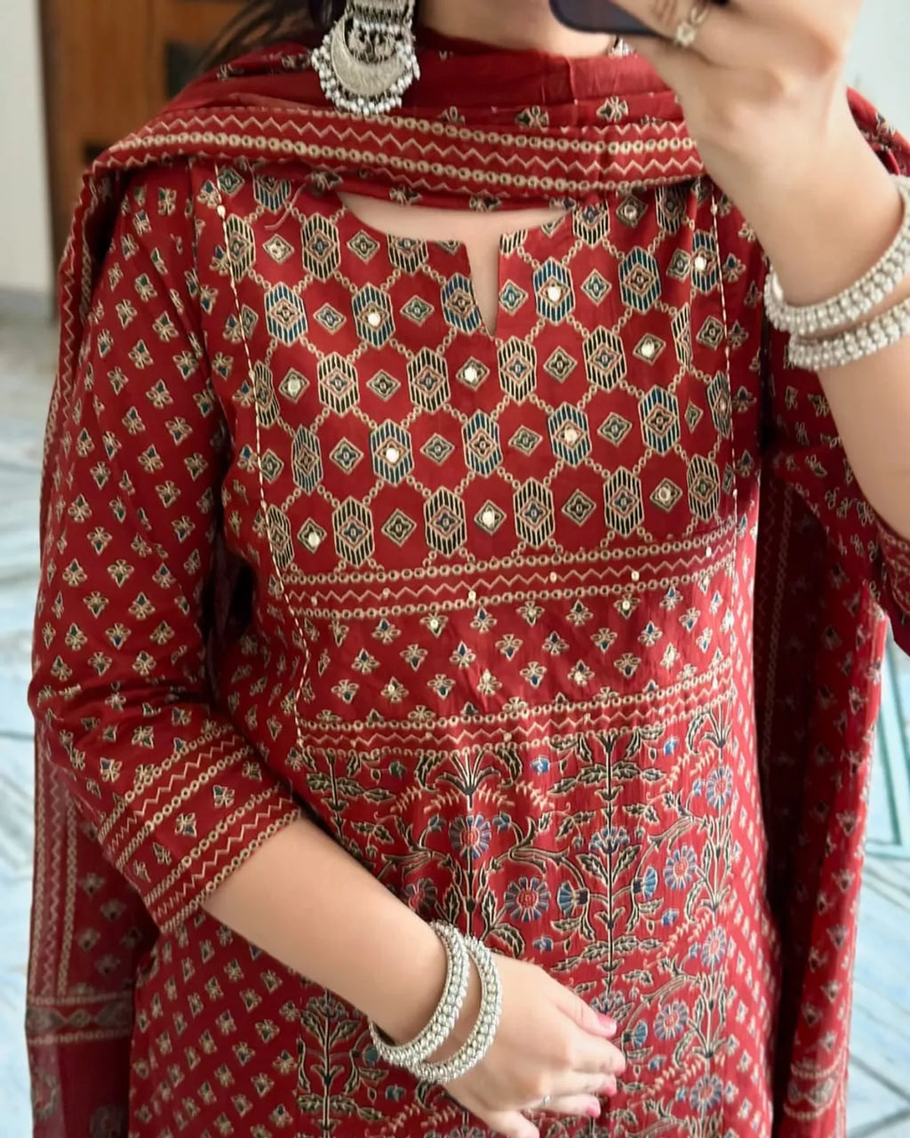 Women Red Buti Work Kurta and Pant With Dupatta