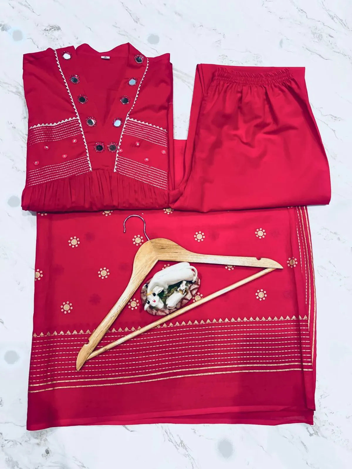 Rani Red Embroidered Flared Kurta Set with Dupatta for Women