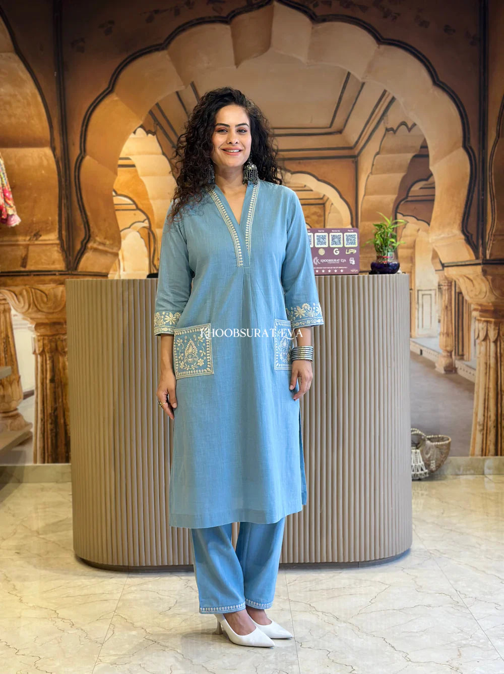 Light Blue Pure Cotton Embroidery Kurta and Pant Set for women's