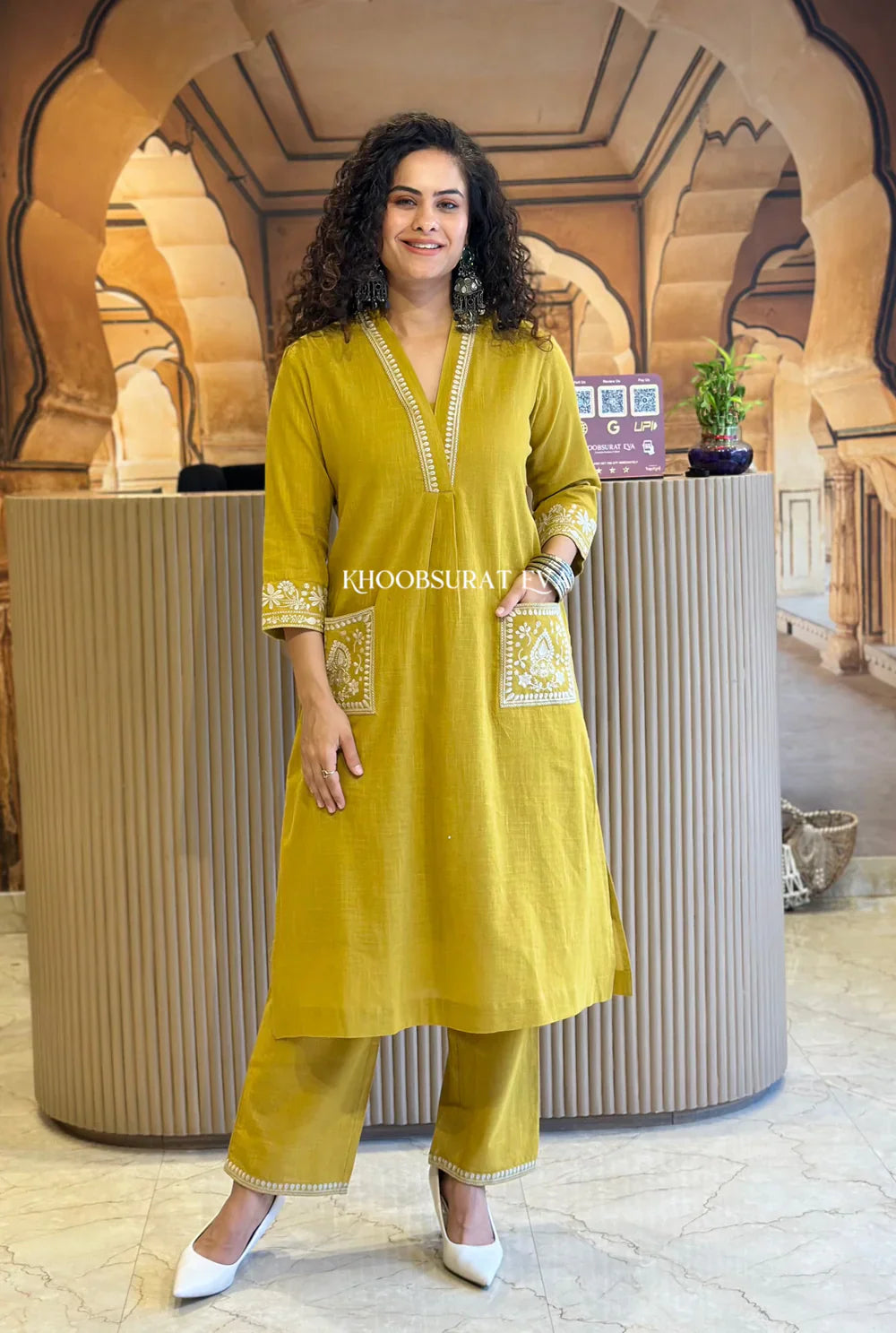 Yellow Pure Cotton Embroidery Kurta and Pant Set for women's