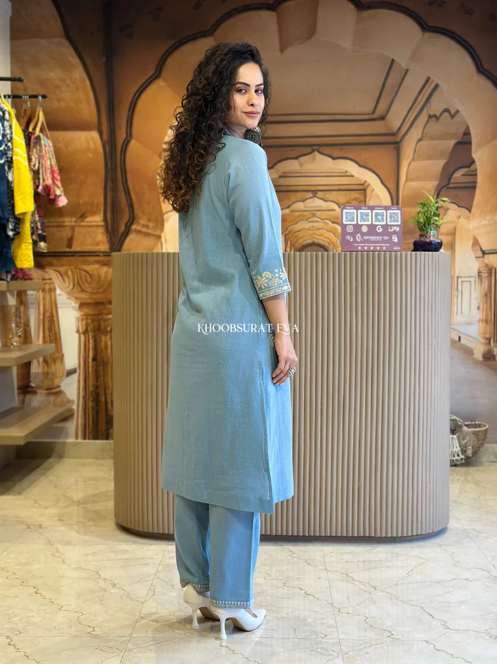 Light Blue Pure Cotton Embroidery Kurta and Pant Set for women's