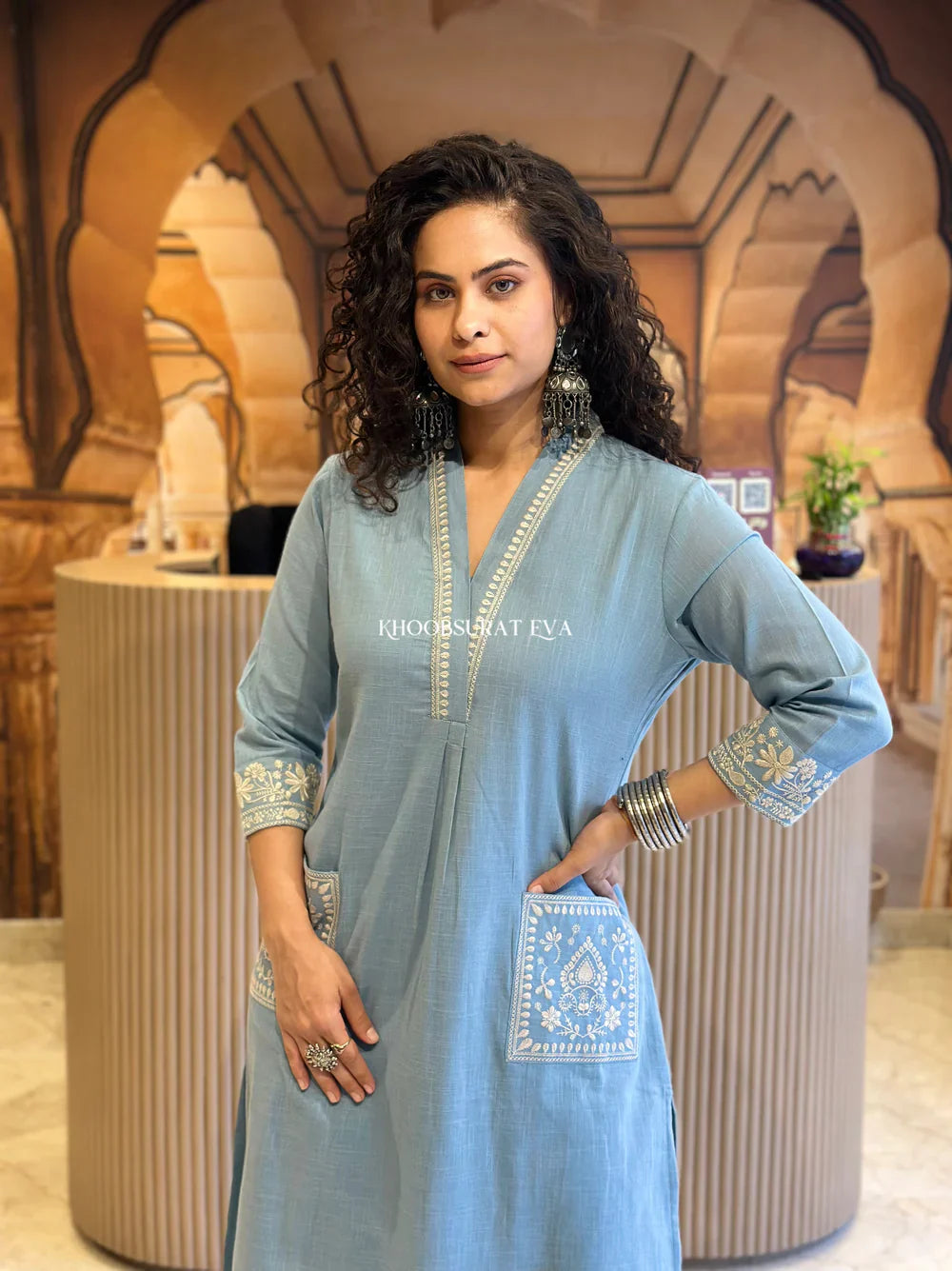Light Blue Pure Cotton Embroidery Kurta and Pant Set for women's