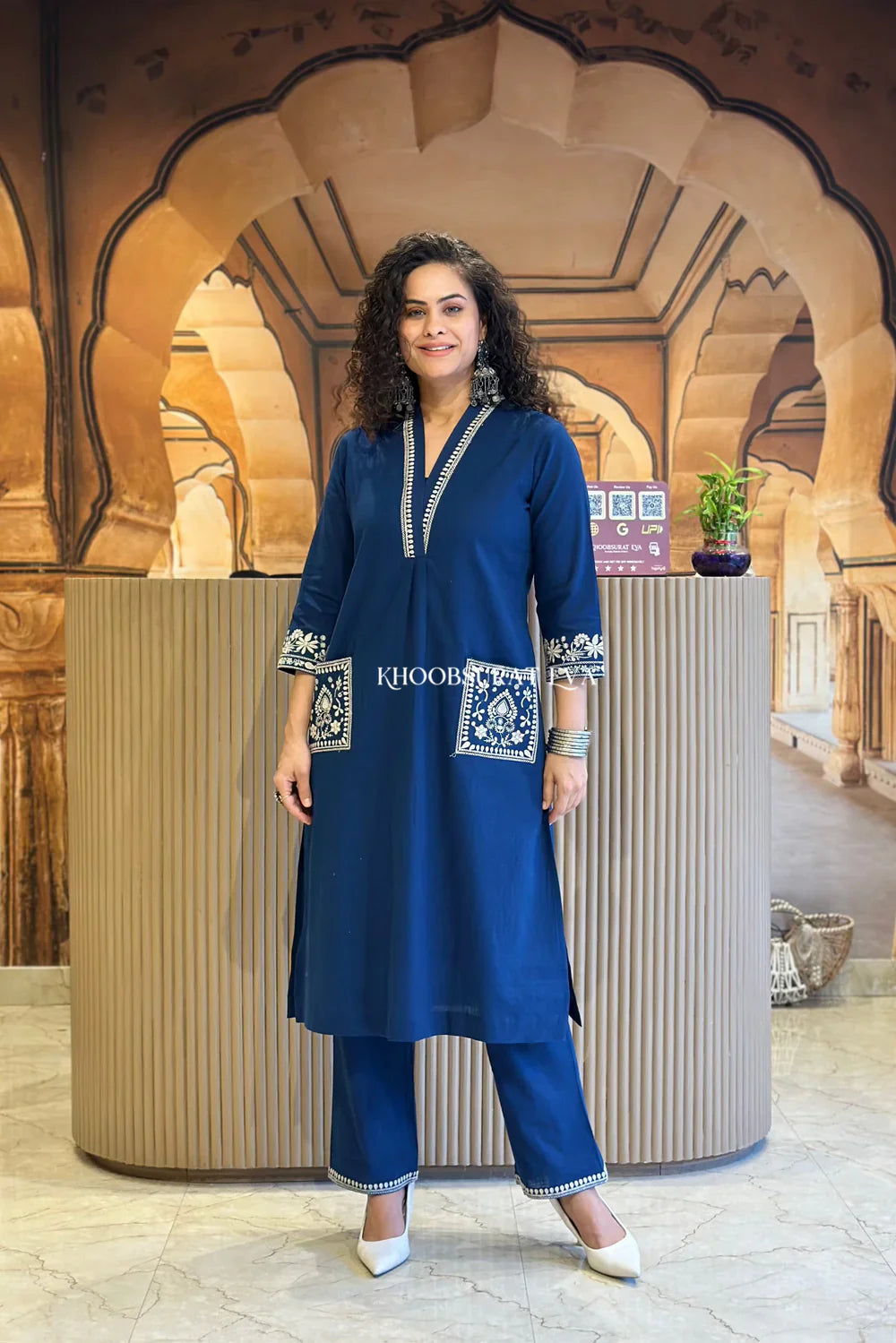 Blue Pure Cotton Embroidery Kurta and Pant for Set womens