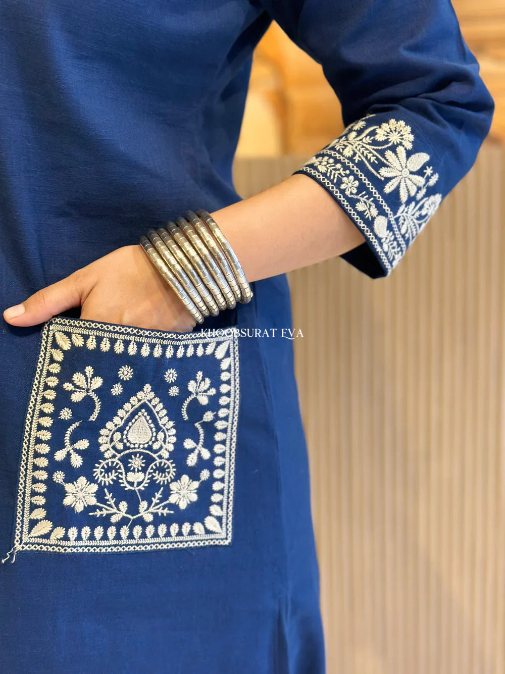 Blue Pure Cotton Embroidery Kurta and Pant for Set womens