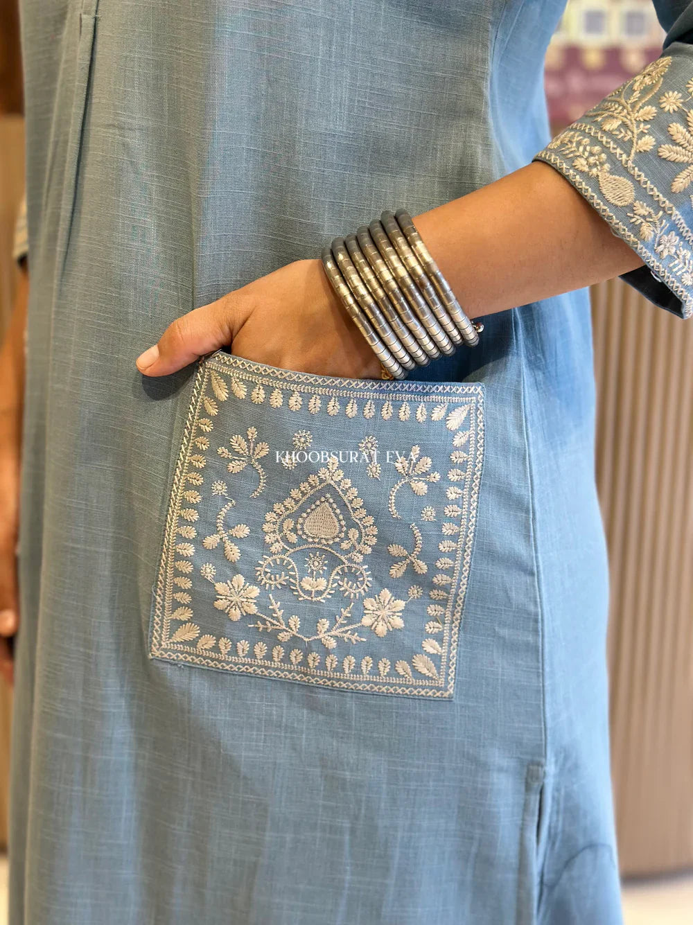 Light Blue Pure Cotton Embroidery Kurta and Pant Set for women's