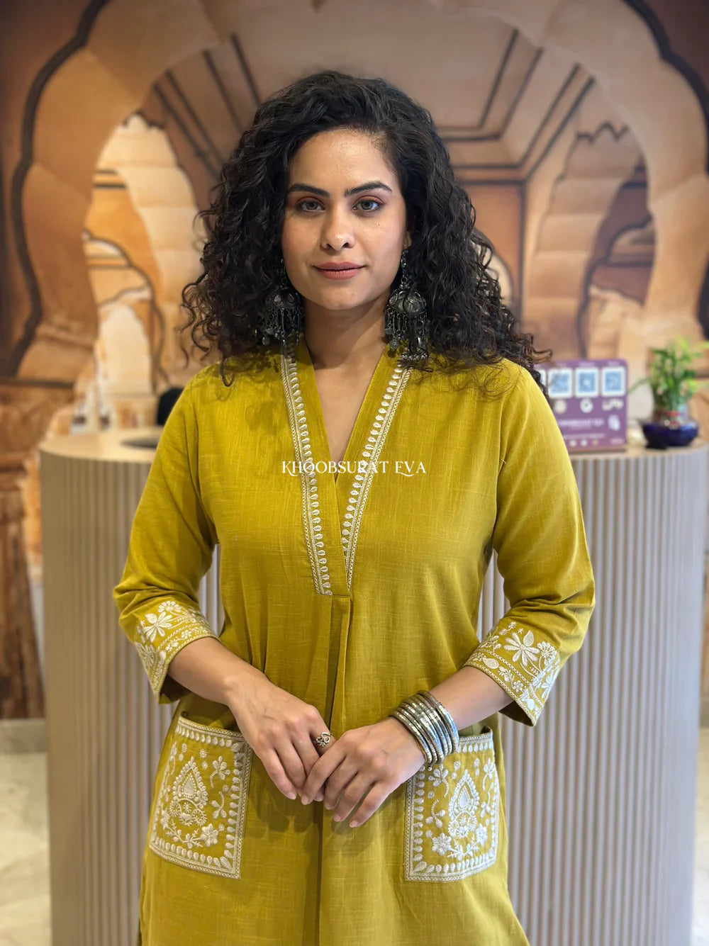 Yellow Pure Cotton Embroidery Kurta and Pant Set for women's