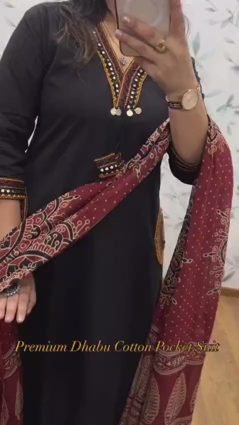 Black Solid Cotton Kurta Set with Red Ethnic Print Dupatta for Women