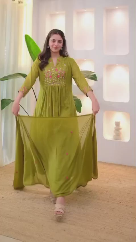Olive Green Embroidered Cotton Anarkali Kurta Set with Dupatta for Women