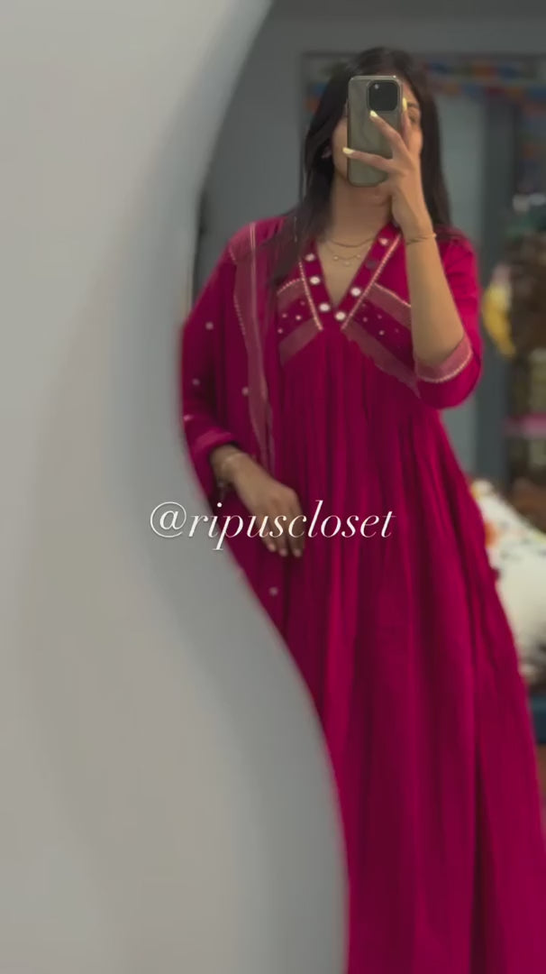 Rani Red Embroidered Flared Kurta Set with Dupatta for Women