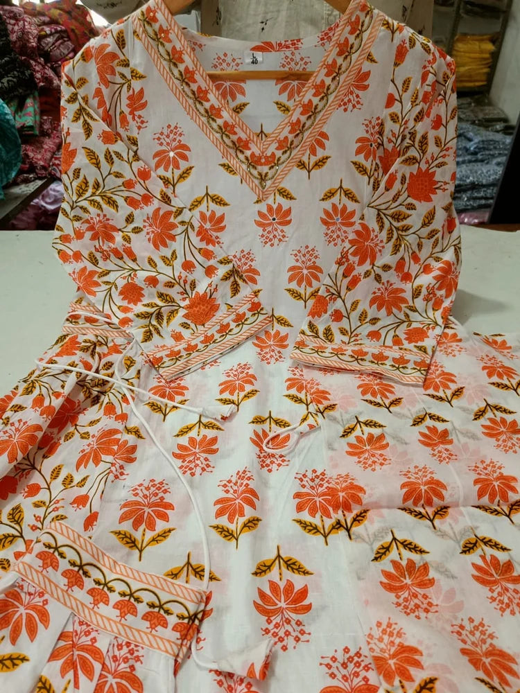 Orange Cotton Handwork Afghani Kurti With Pant & Dupatta Set